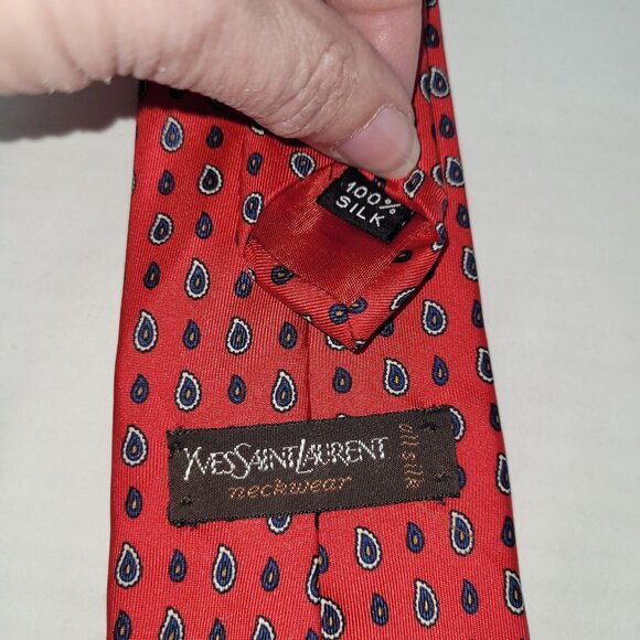 Yves Saint Laurent Tie Men One Size Red Paisley Print Silk Handmade Necktie - Picture 5 of 8